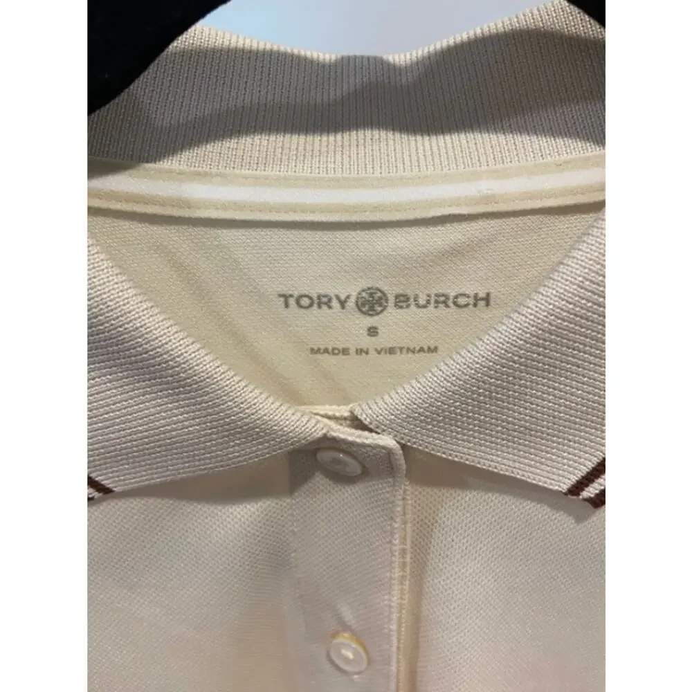 Tory Burch Classic Tech Pique Polo Shirt in Sesame Cream size S small
